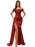 Off Shoulder Sequin Prom Dresses for Women 2027 Long Mermaid Tight Satin Formal Evening Party Dress with Slit