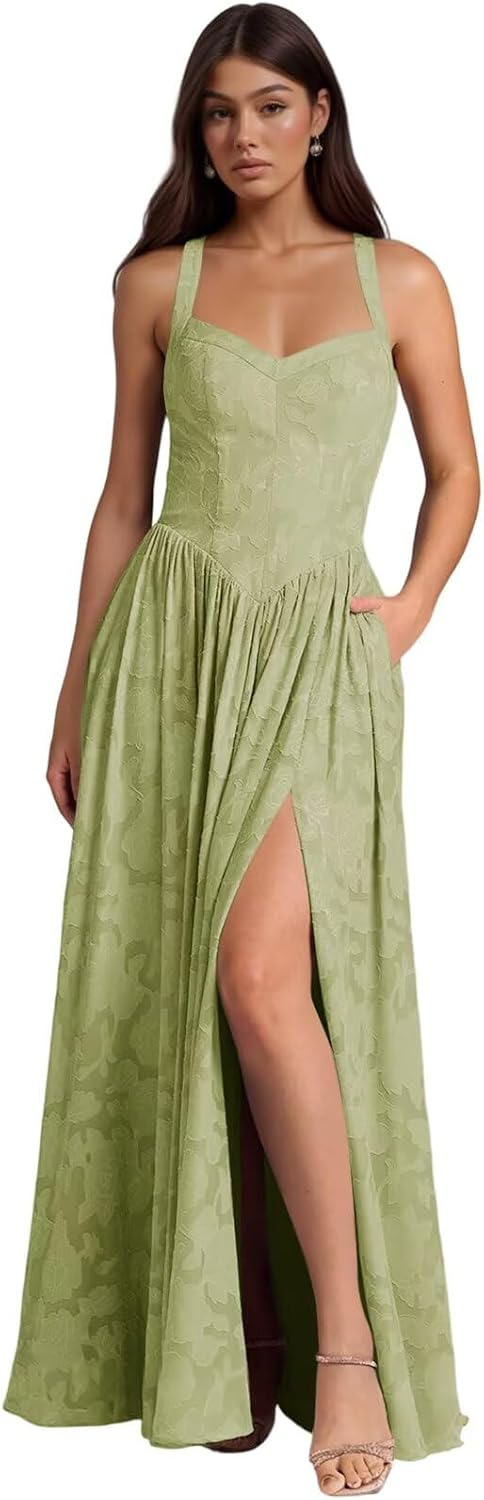 Jacquard Floral Lace Wedding Guest Dress Long Slit A Line Bridesmaid Dresses with Pockets Formal Gown