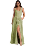 Jacquard Floral Lace Wedding Guest Dress Long Slit A Line Bridesmaid Dresses with Pockets Formal Gown