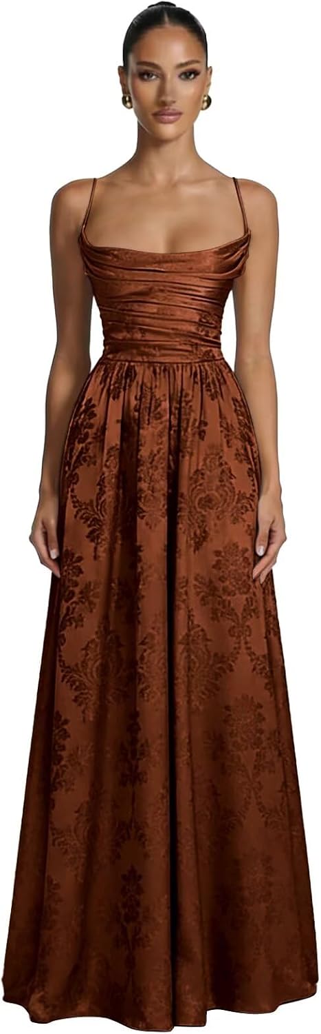 Floral Jacquard Prom Dresses for Women Spaghetti Straps A Line Satin Cowl Neck Formal Evening Party Dress