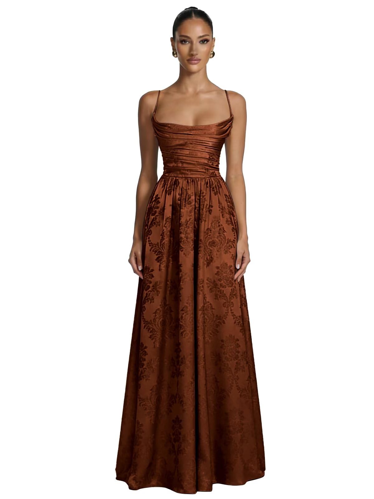 Floral Jacquard Prom Dresses for Women Spaghetti Straps A Line Satin Cowl Neck Formal Evening Party Dress