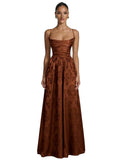Floral Jacquard Prom Dresses for Women Spaghetti Straps A Line Satin Cowl Neck Formal Evening Party Dress
