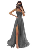 Women's Spaghetti Straps Glitter Tulle Prom Dress with Slit Cowl Neck Long Evening Formal Party Gown