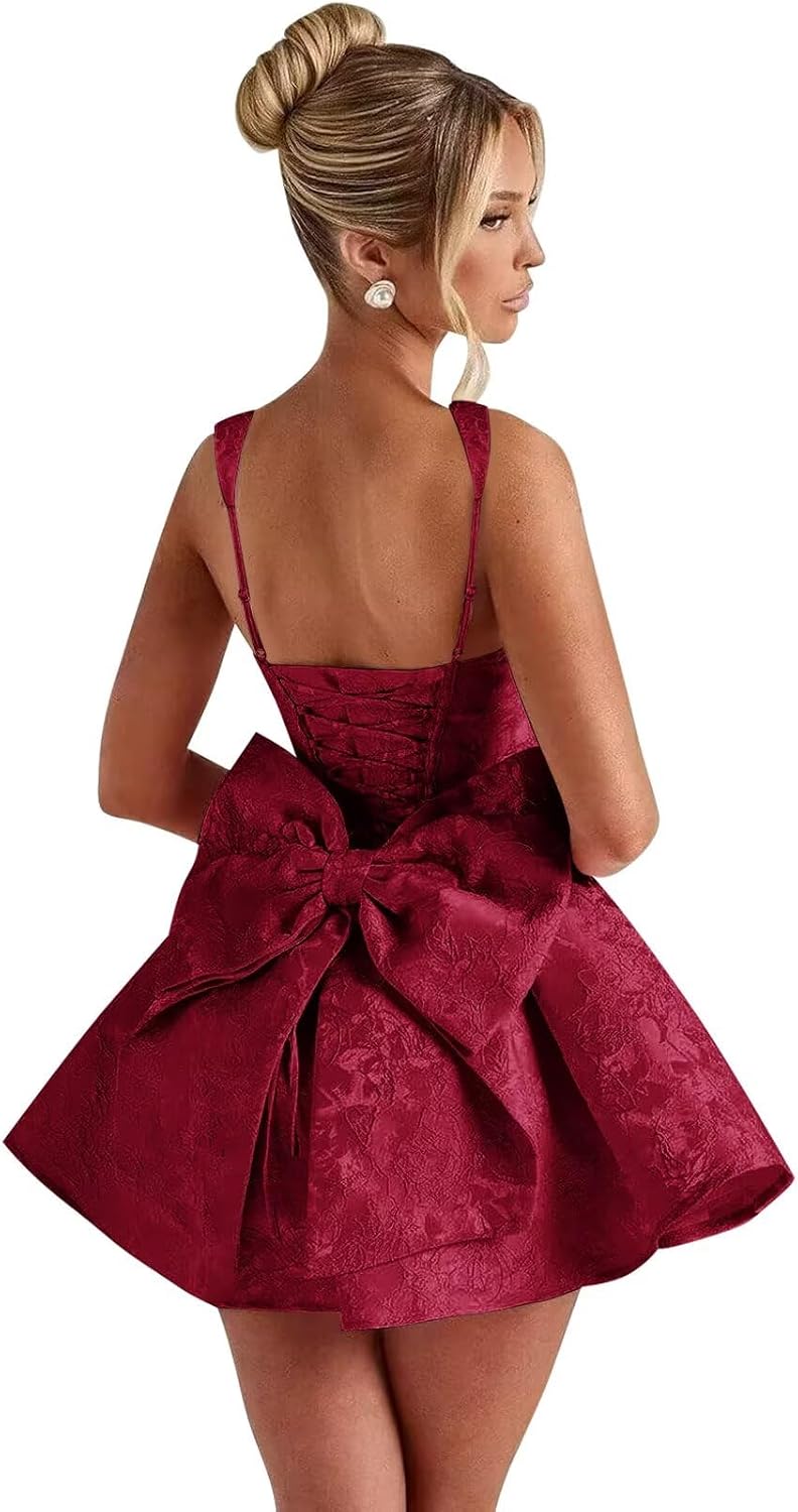 Satin Jacquard Homecoming Dress with Bow Short A-Line Mini Prom Cocktail Party Gown