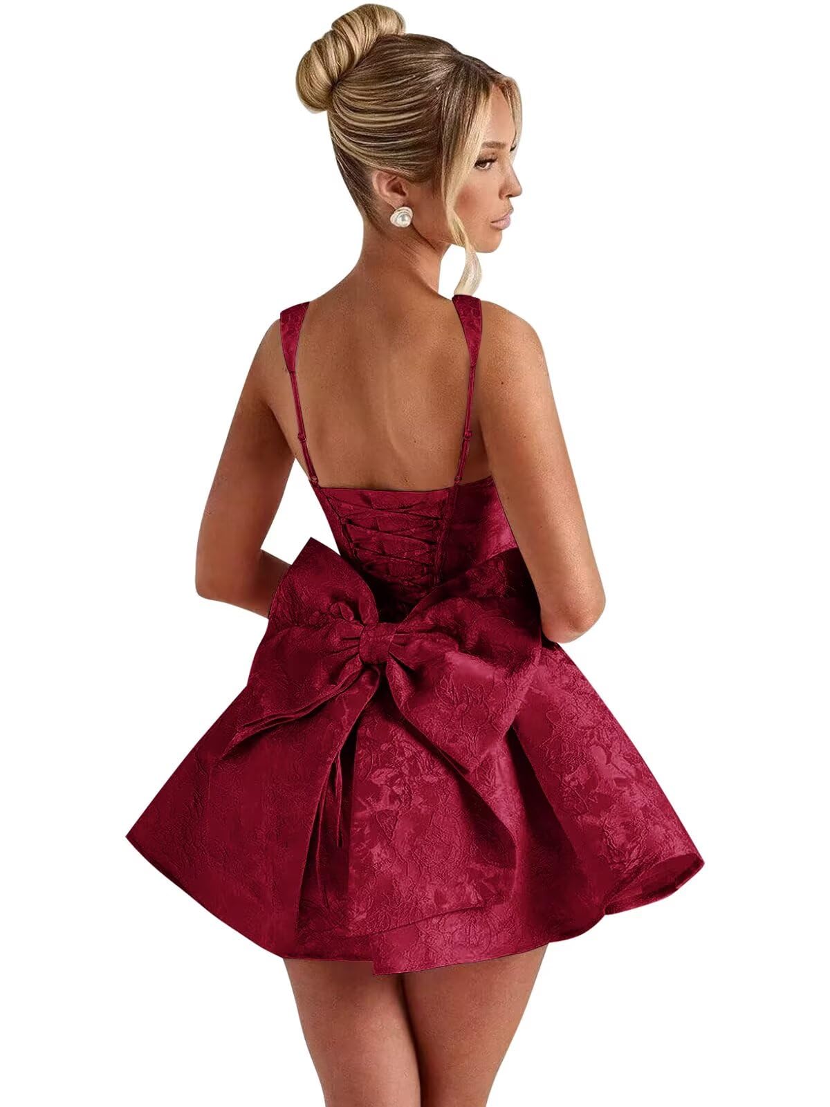Satin Jacquard Homecoming Dress with Bow Short A-Line Mini Prom Cocktail Party Gown