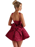 Satin Jacquard Homecoming Dress with Bow Short A-Line Mini Prom Cocktail Party Gown