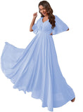 Women's Batwing Sleeve Chiffon Bridesmaid Dresses with Pockets V Neck Long Formal Evening Dress