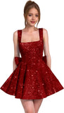 Sparkly Sequin Homecoming Dresses for Teens Short Prom Dress Square Neck Bow Formal Cocktail Gowns with Pockets