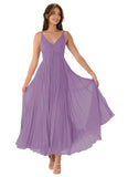 V-Neck Pleated Bridesmaid Dresses for Women Chiffon Spaghetti Straps Pleates Long Formal Wedding Guest Dress