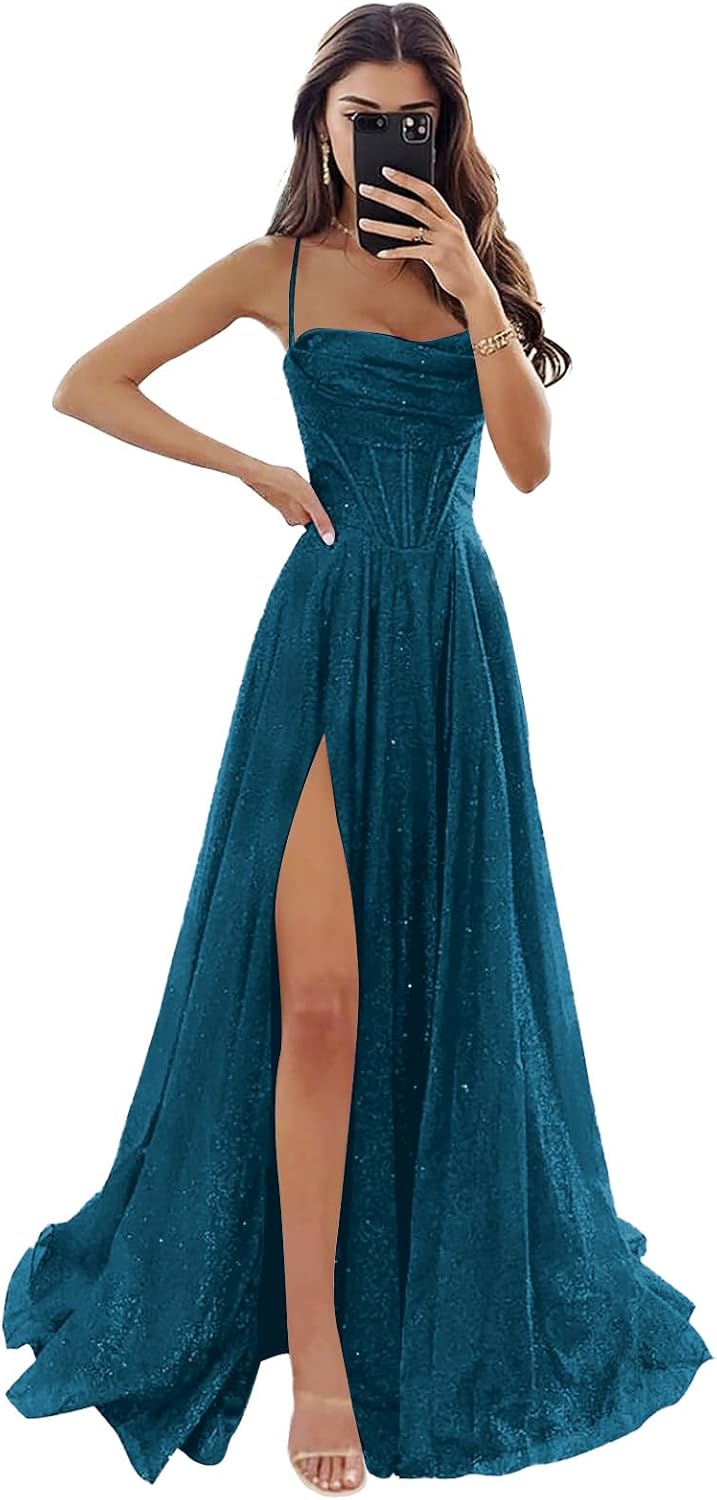 Women's Spaghetti Straps Glitter Tulle Prom Dress with Slit Cowl Neck Long Evening Formal Party Gown