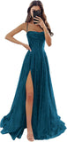 Women's Spaghetti Straps Glitter Tulle Prom Dress with Slit Cowl Neck Long Evening Formal Party Gown