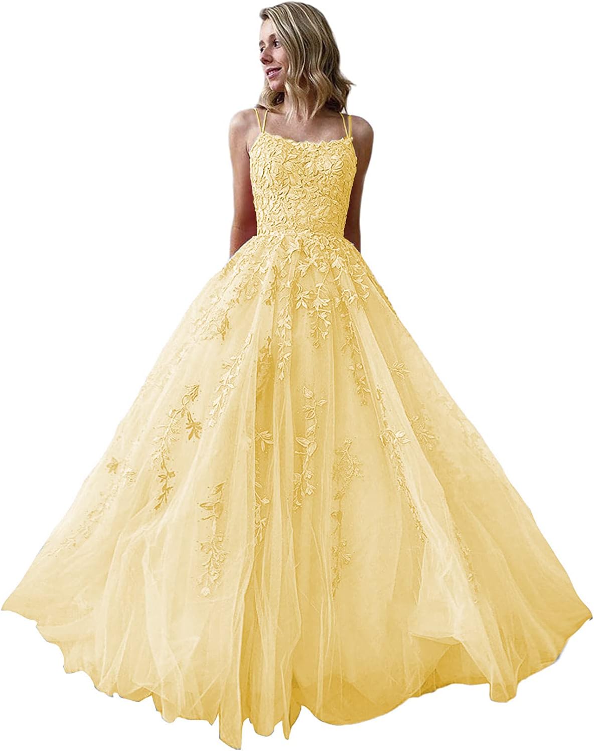 Ballkleider, langes Ballkleid für Damen, Spaghettiträger, Tüll, A-Linie, sexy, rückenfrei, formelle Partykleider mit Taschen 