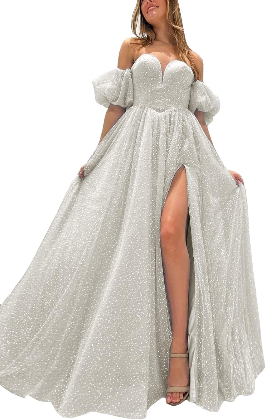 Tulle Prom Dresses for Women 2027 Sparkly Puffy Sleeves Long Ball Gowns with Slit A-Line Evening Dresses