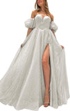 Tulle Prom Dresses for Women 2027 Sparkly Puffy Sleeves Long Ball Gowns with Slit A-Line Evening Dresses