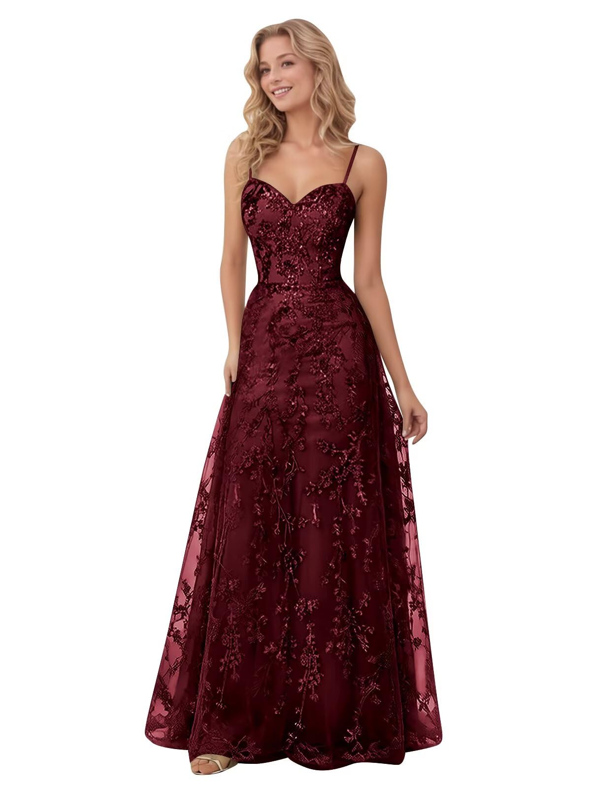 Spaghetti Strap Sparkly Prom Dress for Women Long Tulle Lace Formal Dress Laces Evening Party Gown