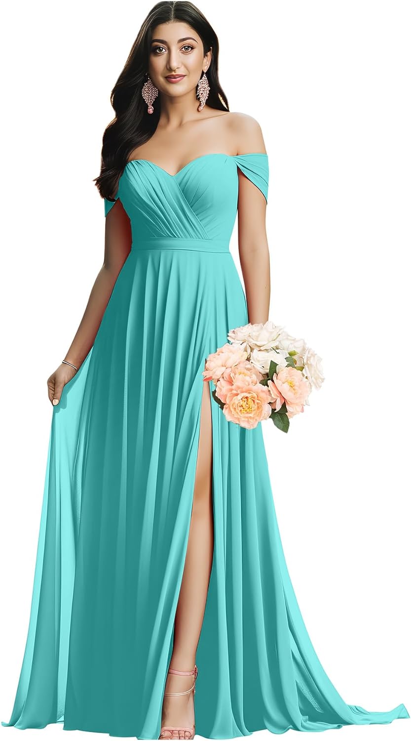 Schulterfreies Brautjungfernkleid für die Hochzeit, gerüschtes Chiffon-Split-Abendkleid mit Taschen 