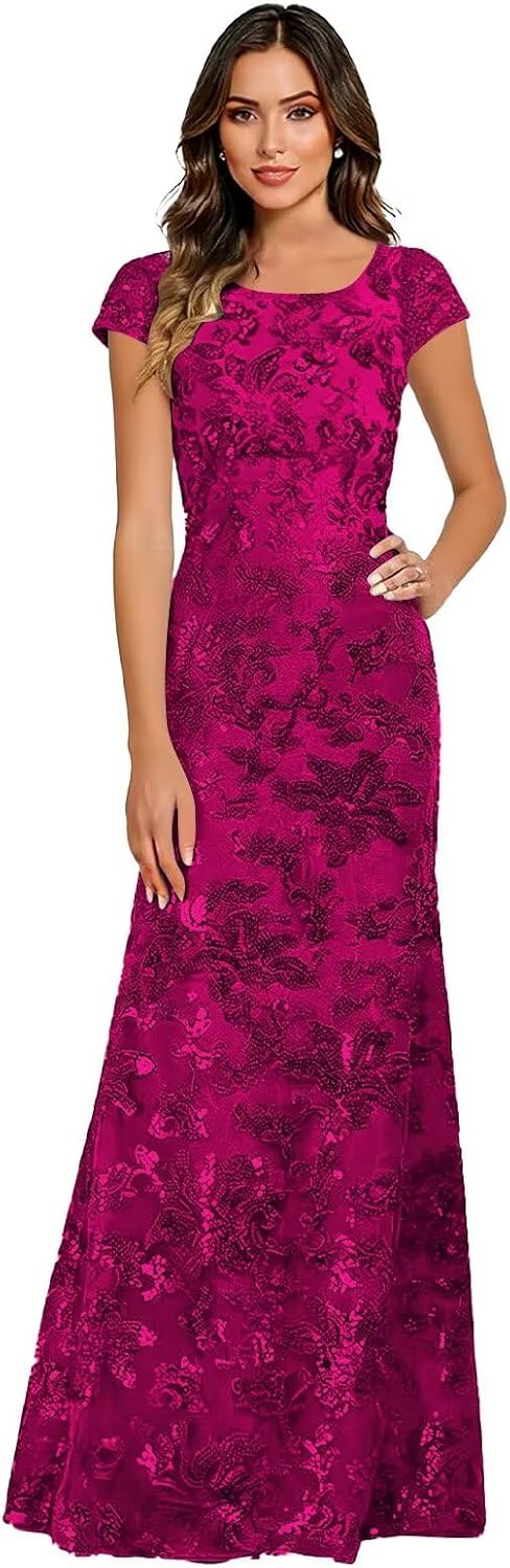 Lace Appliques Scoop Neck Sequin Mother of the Bride Dresses Mermaid Short Sleeve Formal Evening Gowns