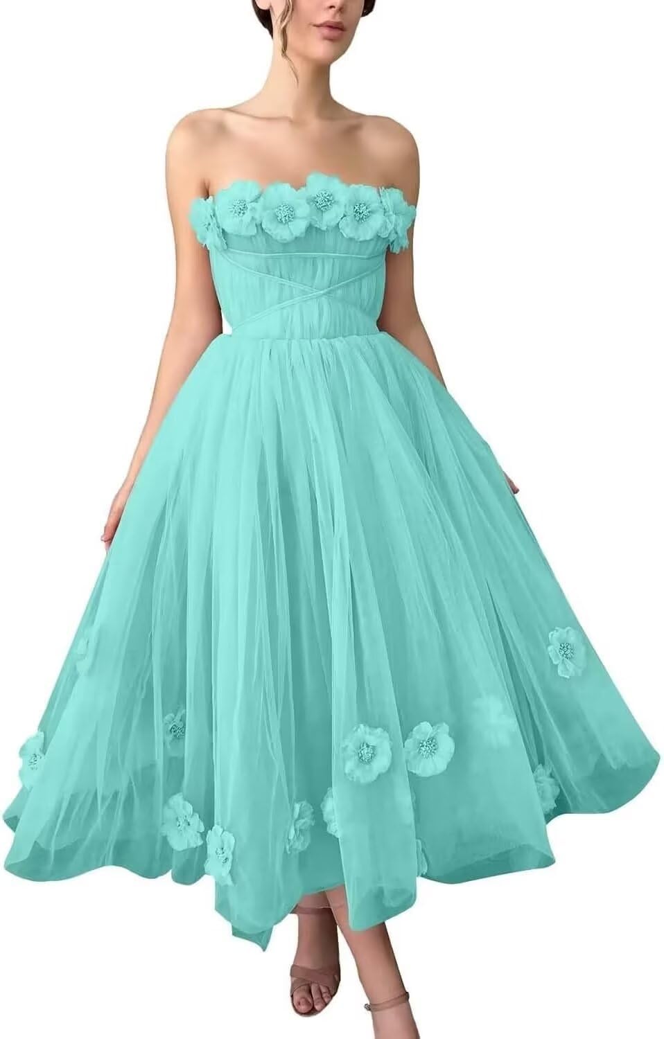 Women's 3D Flower Off Shoulder Tea Length Whimsical Prom Dress, A Line Strapless Tulle Formal Evening Party Gown