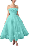 Women's 3D Flower Off Shoulder Tea Length Whimsical Prom Dress, A Line Strapless Tulle Formal Evening Party Gown