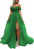 Off The Shoulder Tulle Prom Dress with Laces Applique A-line Slit Long Ball Gowns Glitter Formal Evening Dress