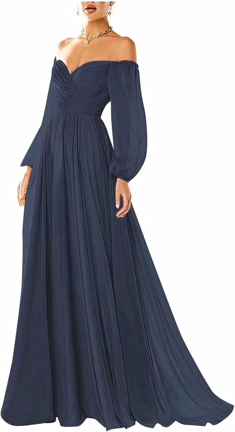 Vestido de fiesta con hombros descubiertos, manga larga, estilo formal, plisado, corte A, para mujer