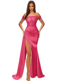 Off Shoulder Sequin Prom Dresses for Women 2027 Long Mermaid Tight Satin Formal Evening Party Dress with Slit