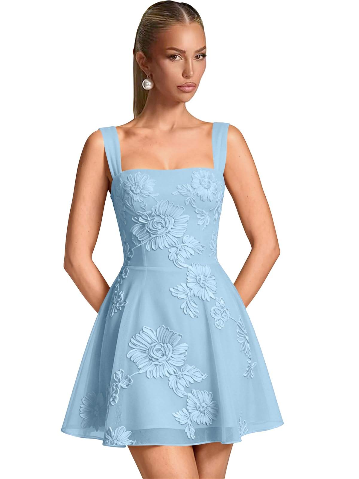 Floral Tulle Homecoming Dresses Short Embroidery Lace A-Line Mini Formal Graduation Cocktail Gown