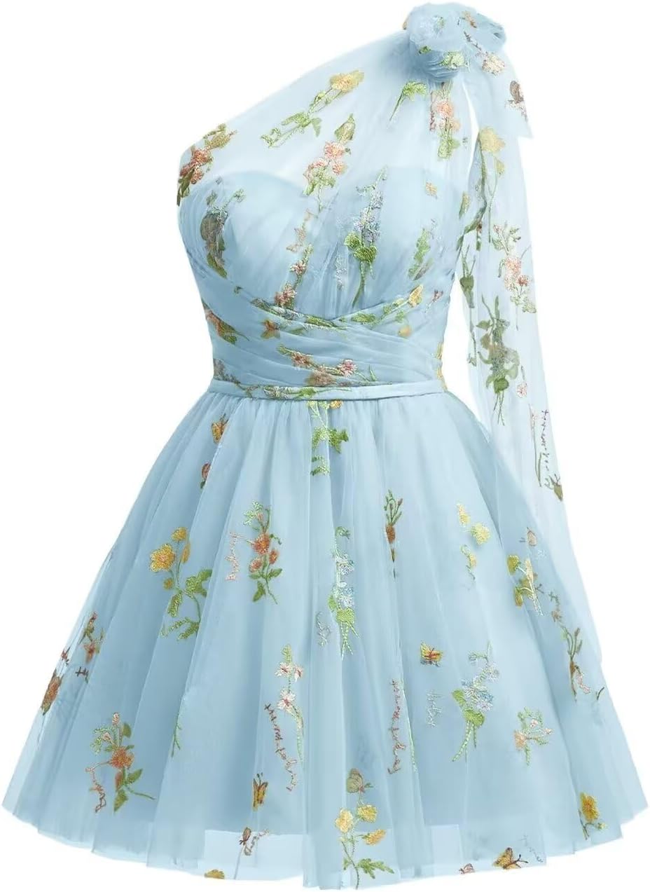 One Shoulder Homecoming Dresses for Teens Flower Embroidery Tulle Short Prom Dress A-Line Formal Party Ball Gowns