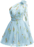 One Shoulder Homecoming Dresses for Teens Flower Embroidery Tulle Short Prom Dress A-Line Formal Party Ball Gowns