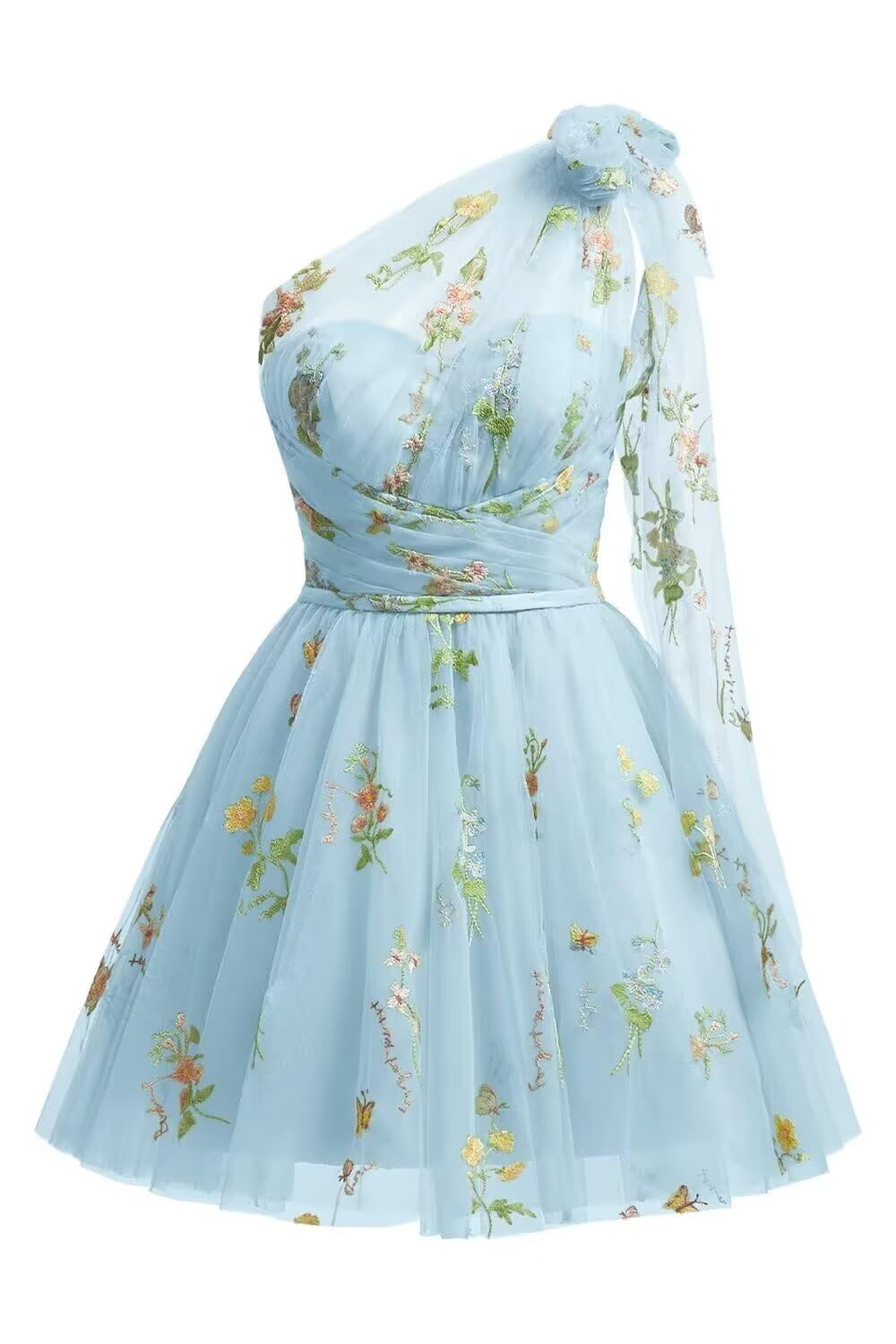 One Shoulder Homecoming Dresses for Teens Flower Embroidery Tulle Short Prom Dress A-Line Formal Party Ball Gowns