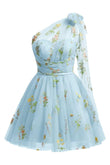 One Shoulder Homecoming Dresses for Teens Flower Embroidery Tulle Short Prom Dress A-Line Formal Party Ball Gowns