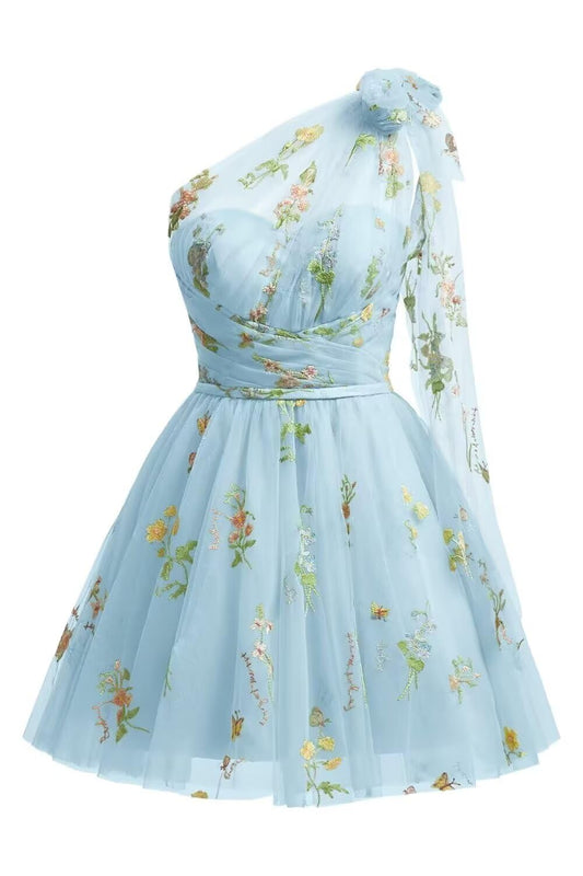 One Shoulder Homecoming Dresses for Teens Flower Embroidery Tulle Short Prom Dress A-Line Formal Party Ball Gowns