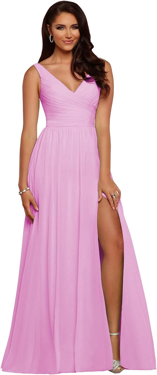 Vestidos de dama de honor largos con escote en V y abertura en gasa, corte A, plisados, para noche, fiesta formal