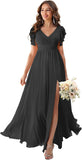 V Neck Flutter Sleeves Bridesmaid Dresses with Slit 2025 Chiffon Aline Pleats Formal Evening Gowns for Women