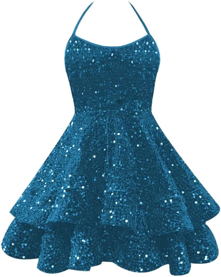 Sparkly Sequin Homecoming Dresses 2026 Spaghetti Straps Tiered Prom Dresses for Teens Short Cocktail Party Gowns