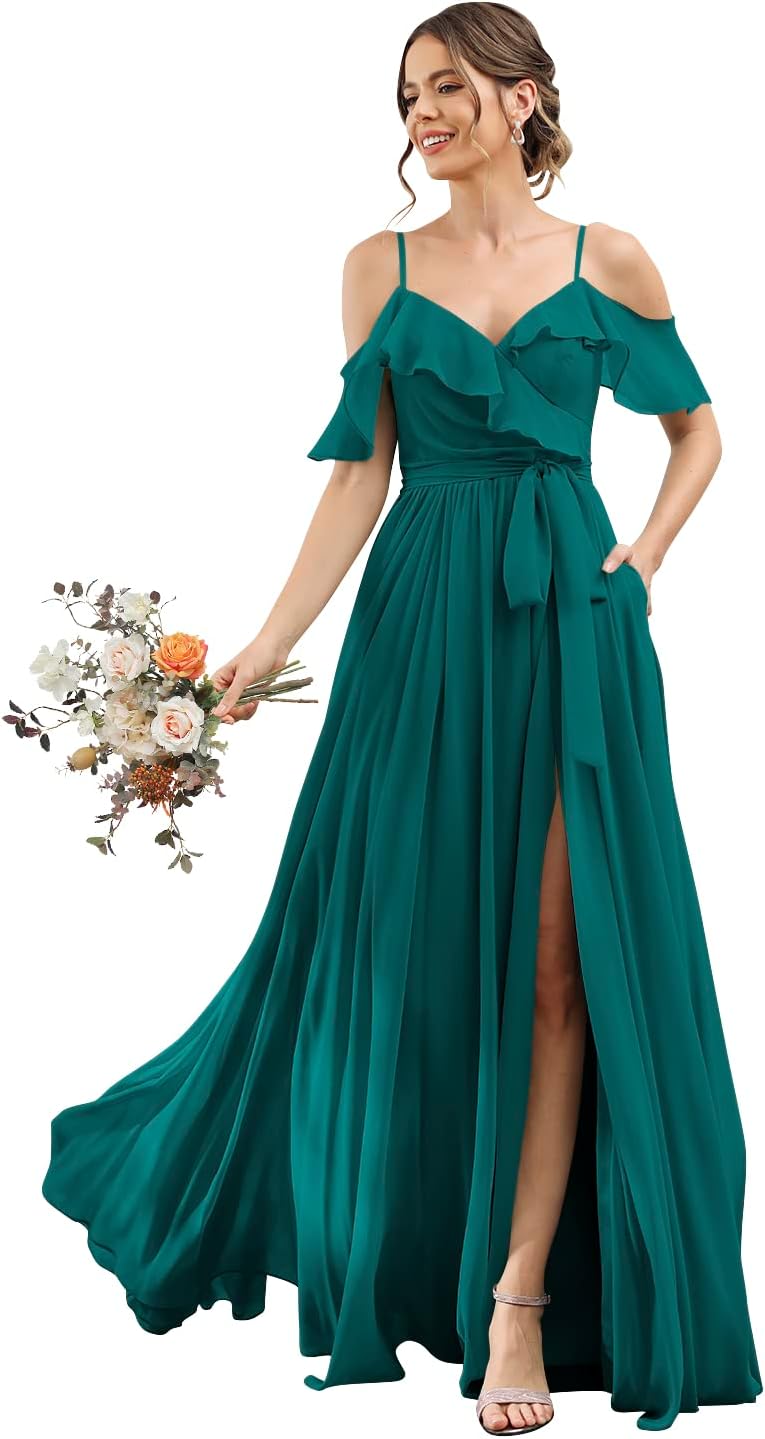 Women's Bridesmaid Dresses with Slit Long Cold Shoulder Chiffon Formal Party Dress with Pockets