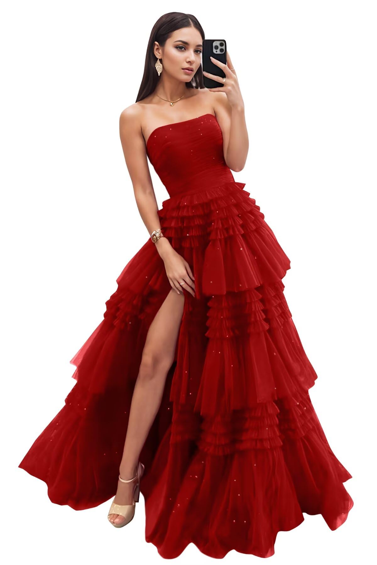 Strapless Tiered Tulle Prom Dresses for Women 2027 Long Sparkly A-Line Formal Evening Party Ball Gowns with Slit