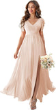 V Neck Flutter Sleeves Bridesmaid Dresses with Slit 2025 Chiffon Aline Pleats Formal Evening Gowns for Women