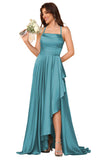 Women's Long Satin Bridesmaid Dresses Spaghetti Strap Halter Formal Evening Gown Ruffle High Low Wedding Guest Dress