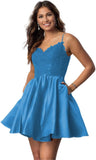 Vestidos cortos de fiesta con tirantes finos para jóvenes, con encaje, escote en V y bolsillos.