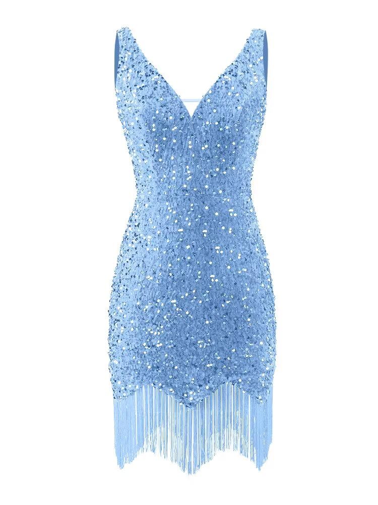 Kingbridal Gowns V Neck Sequin Homecoming Dresses for Teens 2027 Sparkly Tight Short Prom Cocktail Party Gowns with Tassels