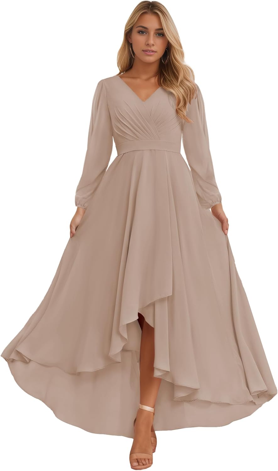 Long Sleeve Bridesmaid Dresses for Women 2025 V Neck Ruched Chiffon Formal Dress
