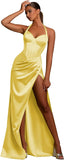 Women's Satin Halter Prom Dresses with Slit Ruched Long Corset Formal Evening Party Gown