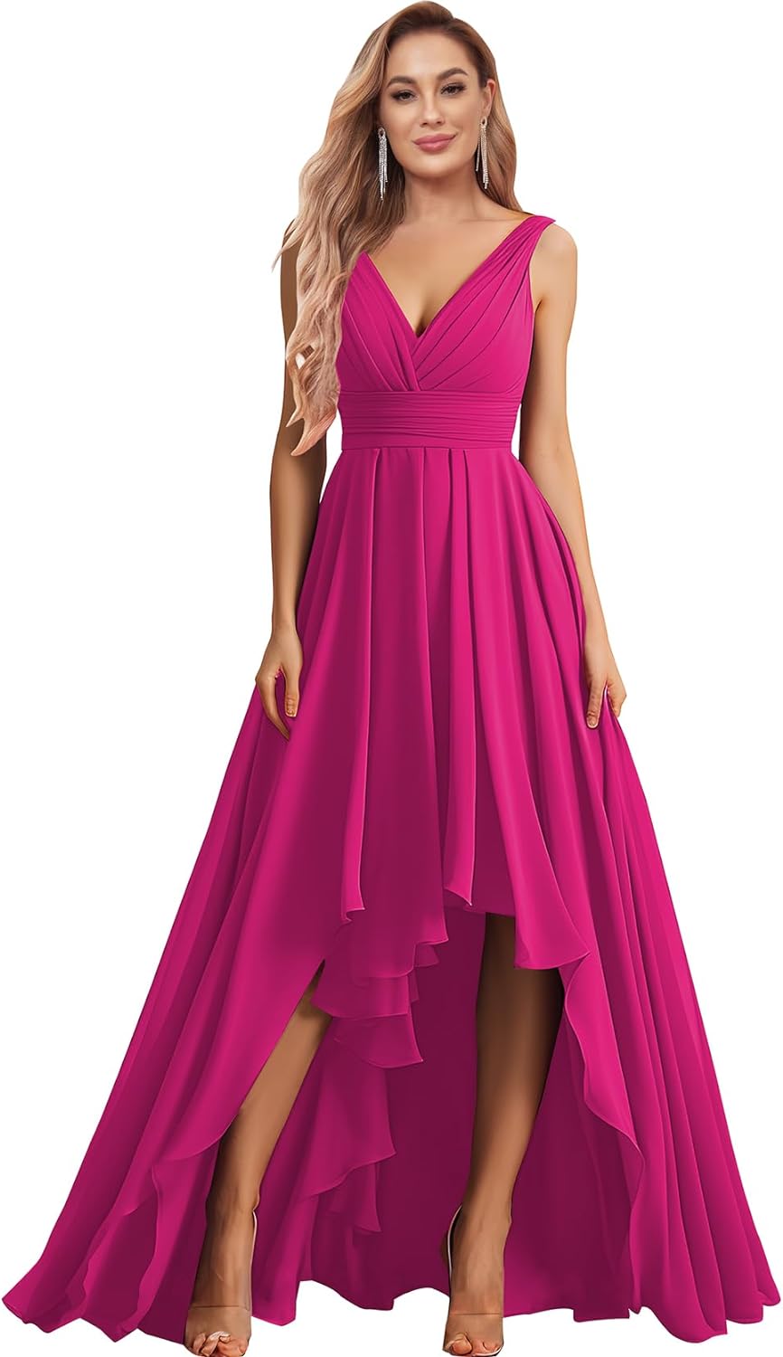 Vestidos de dama de honor con escote en V para mujer, para boda, con bolsillos, de gasa fruncida, largos, formales, para fiesta de graduación y noche.