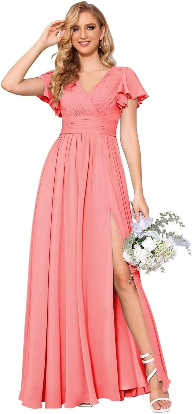 Flutter Sleeves Split Bridesmaid Dresses with Slit Long V Neck Empire Waist Formal Dress for Women Wedding