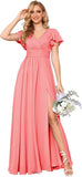 Flutter Sleeves Split Bridesmaid Dresses with Slit Long V Neck Empire Waist Formal Dress for Women Wedding