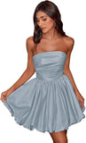 Short Satin A-Line Ruched Homecoming Dresses for Teens Strapless Ruched Mini Formal Cocktail Party Dress