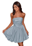 Short Satin A-Line Ruched Homecoming Dresses for Teens Strapless Ruched Mini Formal Cocktail Party Dress