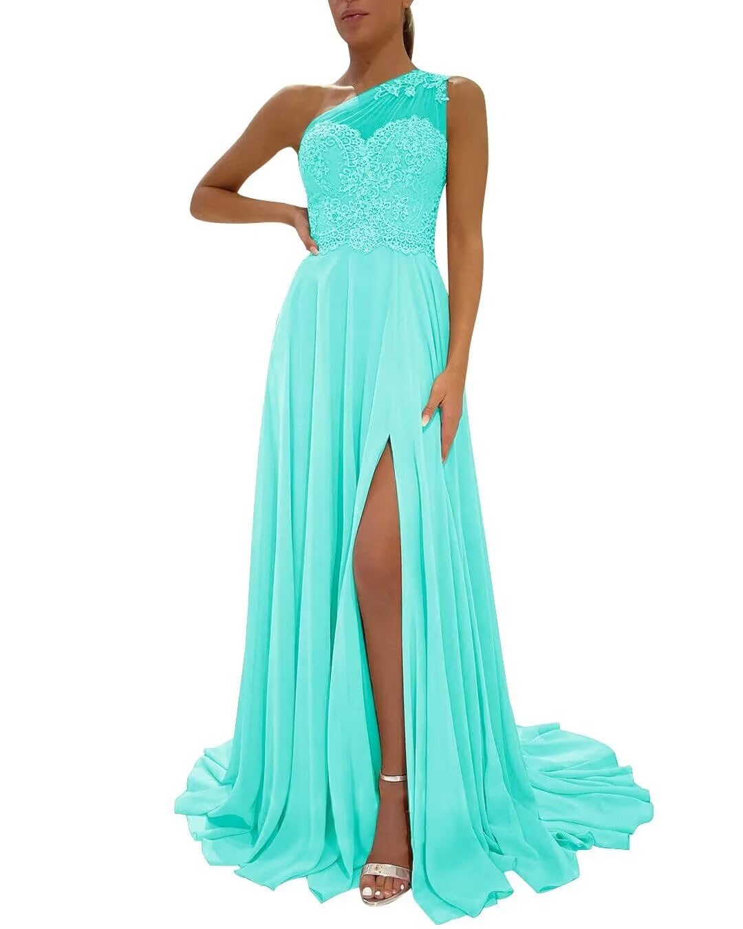One Shoulder Chiffon Bridesmaid Dresses for Wedding 2026 Lace A-Line Slit Formal Evening Party Gown with Pockets