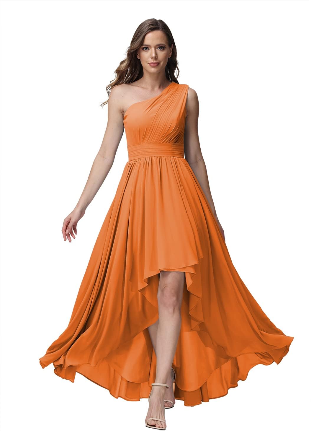 Vestido de dama de honor de un solo hombro para mujer, vestido formal de noche de gasa con bolsillos y corte alto bajo